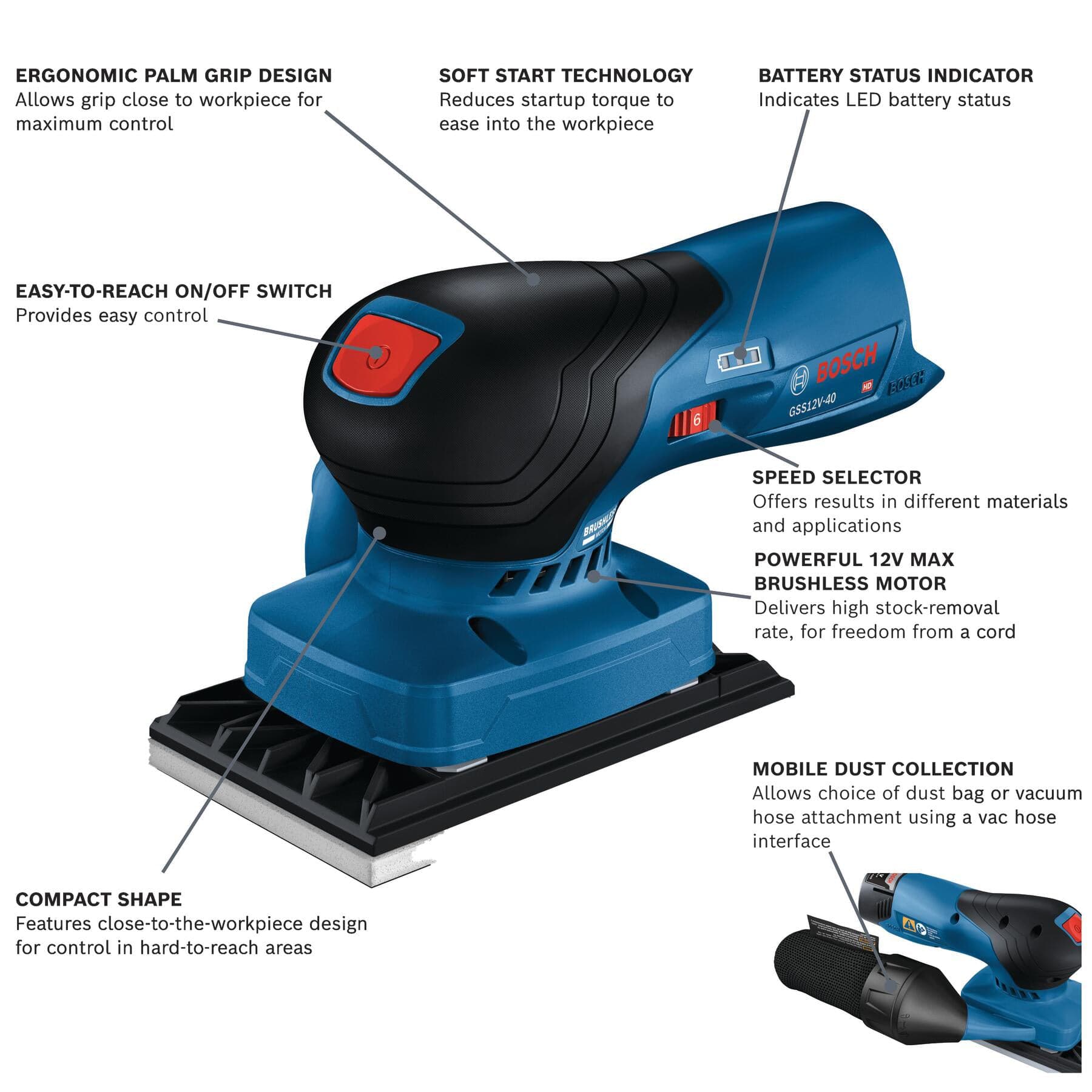 12V Brushless 1/4-Sheet Orbital Finishing Sander - Tool Only - Image 4