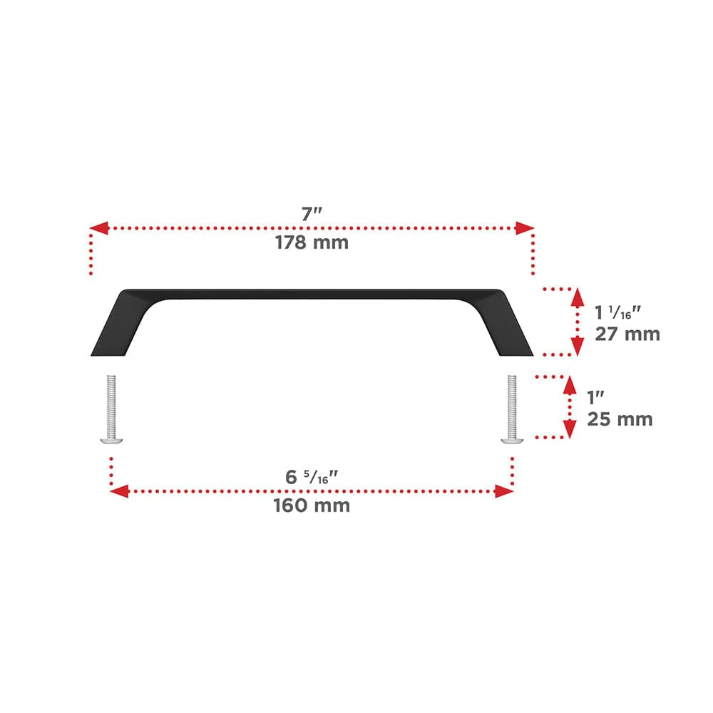 Contemporary Metal Pull with Rounded Corners and Tapered Feet - 6-5/16" Center-to-Center - 7" OL - Matte Black - Image 2