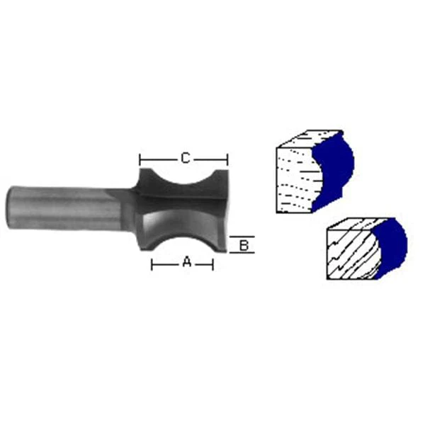 1476 Oval Edge (Half Bull Nose) Router Bit 3/4" A X 3/16" B X 1-1/4" CL 1" D